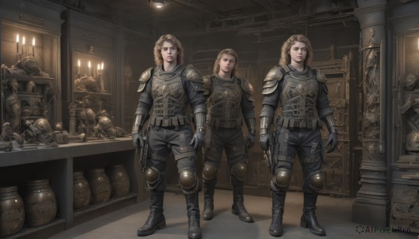 multiple girls,blonde hair,brown hair,gloves,holding,standing,weapon,boots,multiple boys,black gloves,belt,pants,sword,indoors,holding weapon,armor,gun,book,helmet,shoulder armor,holding gun,rifle,handgun,pauldrons,shield,breastplate,realistic,candle,knee pads,shoulder pads,multiple others,crate,bulletproof vest,long hair,short hair,open mouth,2girls,full body,3girls,black pants,curly hair