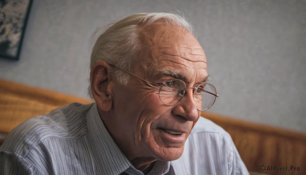 solo,looking at viewer,blonde hair,shirt,1boy,white shirt,upper body,white hair,grey hair,male focus,parted lips,glasses,teeth,striped,collared shirt,indoors,blurry,lips,blurry background,portrait,vertical stripes,striped shirt,realistic,round eyewear,bald,old,old man,vertical-striped shirt,wrinkled skin,smile,facial hair,parody,meme,pinstripe pattern