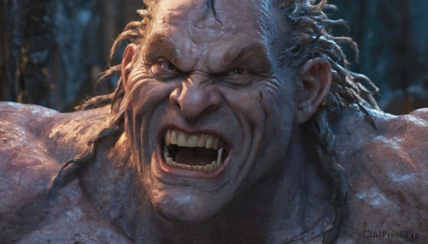 solo,looking at viewer,open mouth,blue eyes,1boy,brown eyes,braid,male focus,teeth,blurry,blurry background,fangs,portrait,close-up,realistic,muscular,scar,angry,veins,manly