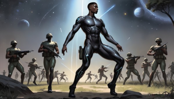 holding,weapon,male focus,outdoors,multiple boys,sky,artist name,dark skin,holding weapon,uniform,tree,gun,military,bodysuit,military uniform,muscular,night,abs,dark-skinned male,helmet,grass,pectorals,muscular male,star (sky),holding gun,night sky,skin tight,rifle,handgun,starry sky,6+boys,running,black bodysuit,assault rifle,holster,bald,very dark skin,aiming,shooting star,soldier,covered abs,standing,signature,moon,science fiction,realistic,planet,bayonet