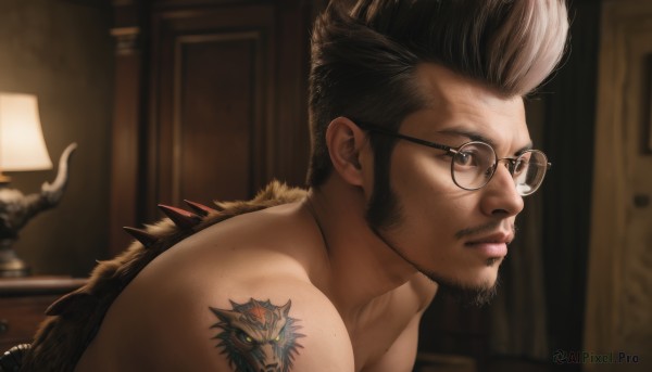 solo,looking at viewer,short hair,brown hair,black hair,1boy,brown eyes,closed mouth,upper body,male focus,nude,multicolored hair,glasses,indoors,blurry,from side,two-tone hair,tattoo,muscular,blurry background,facial hair,thick eyebrows,pectorals,muscular male,portrait,bara,beard,topless male,sideburns,mature male,realistic,round eyewear,mustache,dragon,lamp,chest hair,white hair,lips,looking to the side