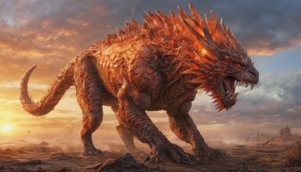 open mouth,red eyes,tail,outdoors,sky,teeth,cloud,no humans,glowing,fangs,cloudy sky,sharp teeth,claws,spikes,sunset,monster,dragon,sun,scales,giant,kaijuu,fire,glowing eyes,molten rock