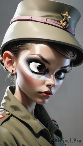 1girl,solo,short hair,simple background,brown hair,hat,brown eyes,jewelry,closed mouth,jacket,upper body,earrings,grey background,hair bun,star (symbol),uniform,black eyes,lips,military,gradient background,eyelashes,military uniform,makeup,lipstick,portrait,military hat,green jacket,realistic,nose,red lips,stud earrings,facepaint,military jacket,black hair,peaked cap,eyeshadow,world war ii,soldier