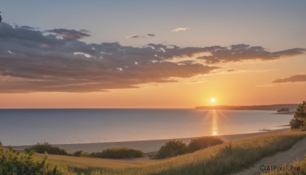 outdoors,sky,cloud,water,tree,no humans,bird,ocean,sunlight,cloudy sky,grass,nature,scenery,sunset,mountain,sun,horizon,river,landscape,orange sky,hill,beach,forest,gradient sky,shore