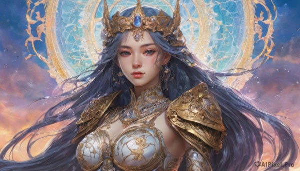 1girl,solo,long hair,breasts,looking at viewer,blue eyes,black hair,hair ornament,cleavage,jewelry,medium breasts,closed mouth,blue hair,upper body,earrings,sky,cloud,armor,lips,expressionless,cloudy sky,crown,shoulder armor,gem,pauldrons,realistic,fantasy,red lips,shoulder pads,gold armor,very long hair,outdoors,breastplate