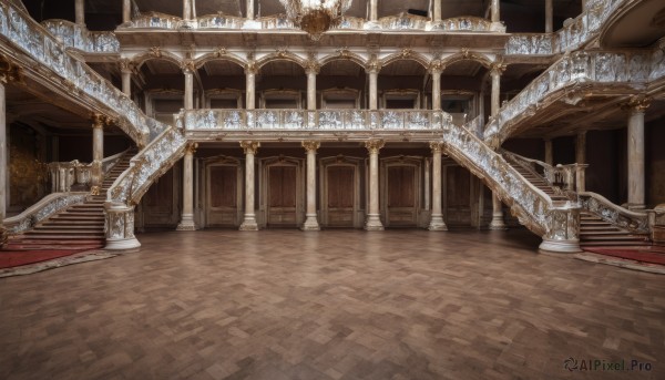 indoors,no humans,sunlight,scenery,light rays,stairs,architecture,pillar,carpet,arch,column,wooden floor,door,railing,bridge,chandelier