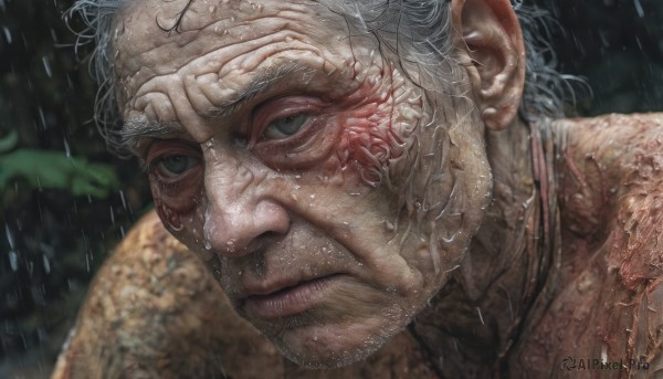 solo,looking at viewer,1boy,closed mouth,grey hair,male focus,outdoors,blurry,wet,grey eyes,blurry background,portrait,close-up,rain,realistic,wet hair,old,old man,jewelry,green eyes,earrings