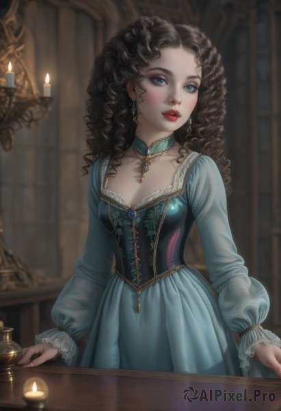 1girl,solo,long hair,breasts,looking at viewer,blue eyes,brown hair,black hair,long sleeves,dress,cleavage,jewelry,medium breasts,standing,collarbone,cowboy shot,earrings,small breasts,frills,parted lips,choker,puffy sleeves,artist name,indoors,signature,necklace,blurry,lips,eyelashes,makeup,depth of field,blurry background,blue dress,watermark,drill hair,table,lipstick,juliet sleeves,brooch,gem,corset,eyeshadow,puffy long sleeves,curly hair,green dress,realistic,red lips,candle,candlestand,aqua dress,candlelight,wavy hair,lace trim,lace