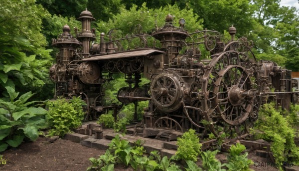 outdoors,sky,day,tree,military,no humans,traditional media,grass,plant,ground vehicle,nature,scenery,motor vehicle,forest,stairs,road,bush,vehicle focus,gears,artist name,cloud,signature,leaf,sunlight,railing