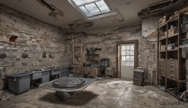 day,indoors,no humans,window,sunlight,box,scenery,wooden floor,door,bucket,wall,ruins,kitchen,trash can,sink,faucet,cabinet,shadow,chair,table,desk,tiles,tile floor,stool,shelf,floor,ceiling,ladder,mop