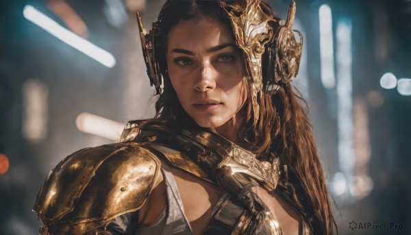 1girl,solo,long hair,looking at viewer,brown hair,brown eyes,closed mouth,upper body,armor,blurry,lips,blurry background,headgear,shoulder armor,portrait,science fiction,pauldrons,realistic,nose,blue eyes,black hair,depth of field,shoulder pads