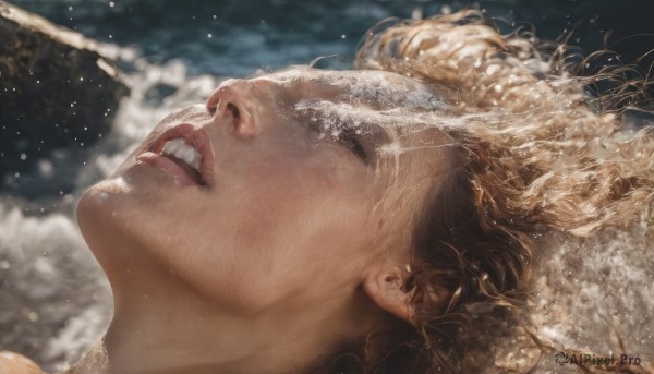 1girl,solo,open mouth,blonde hair,closed eyes,outdoors,lying,parted lips,teeth,water,blurry,lips,wet,looking up,portrait,snow,partially submerged,snowing,realistic,nose,waves,head back,brown hair,1boy,male focus,tongue,on back,blurry background,upper teeth only,close-up