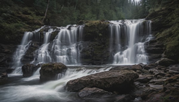 A glimpse of a waterfall in a lush outdoors