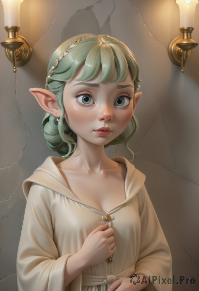 1girl,solo,breasts,looking at viewer,blush,short hair,bangs,blue eyes,long sleeves,dress,cleavage,jewelry,closed mouth,green eyes,collarbone,upper body,hairband,earrings,small breasts,green hair,pointy ears,hood,wide sleeves,lips,eyelashes,freckles,robe,candle,wall,white robe,candlelight,medium breasts,elf,realistic,nose,candlestand,stone wall