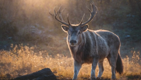 solo,looking at viewer,open mouth,blue eyes,standing,full body,outdoors,blurry,tree,no humans,animal,grass,fire,nature,realistic,antlers,animal focus,deer,signature,scenery,forest