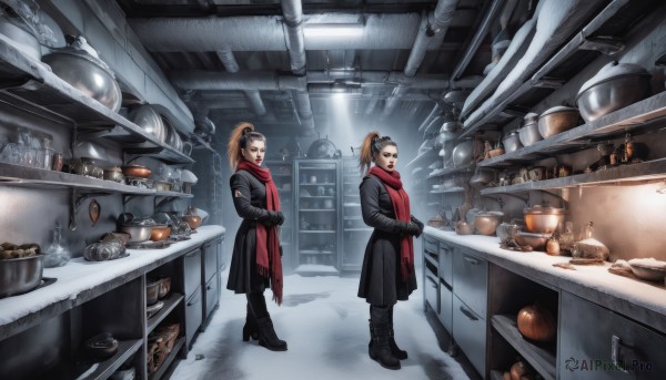 1girl,smile,open mouth,multiple girls,blonde hair,brown hair,gloves,2girls,standing,ponytail,boots,food,black gloves,indoors,scarf,black footwear,coat,facial hair,siblings,sunglasses,bottle,goggles,snow,red scarf,mustache,winter clothes,shelf,kitchen,jar,shop,counter,stove,long hair,black hair,long sleeves,1boy,high heels,from side,profile,crossed arms,box,scenery,plate,high heel boots,bowl,black coat,realistic,ladle,cabinet,kettle