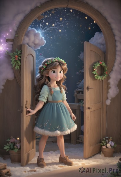 1girl,solo,long hair,smile,brown hair,dress,brown eyes,standing,braid,flower,short sleeves,outdoors,sky,shoes,cloud,indoors,star (symbol),twin braids,tree,window,night,blue dress,brown footwear,plant,child,star (sky),night sky,christmas,starry sky,door,potted plant,head wreath,house,open door,doorway,blush,hair ornament,closed mouth,full body,artist name,signature,hair flower,lips,leaf,wavy hair,frilled dress,side braid,cross-laced footwear,female child,vines,no socks,flower pot,wreath,ivy