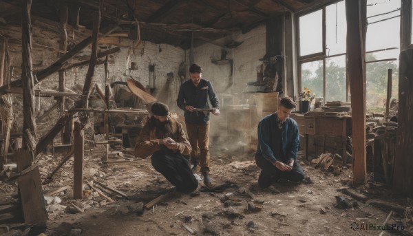 short hair,open mouth,shirt,black hair,long sleeves,hat,holding,sitting,standing,weapon,flower,male focus,multiple boys,shoes,day,pants,indoors,window,facial hair,3boys,baseball cap,4boys,ruins,dirty,broken,baseball bat,debris,dust,rubble,wood,broken window,jacket,collared shirt,holding weapon,uniform,gun,military,kneeling,own hands together,blue shirt,holding gun,rifle,handgun,faceless,assault rifle,one knee,brown pants,death