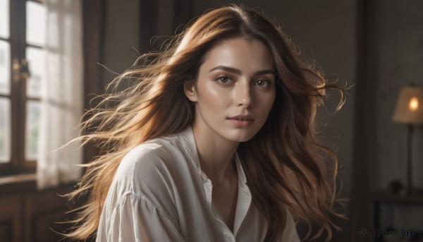 1girl,solo,long hair,looking at viewer,brown hair,shirt,brown eyes,white shirt,upper body,parted lips,collared shirt,indoors,blurry,lips,window,floating hair,depth of field,blurry background,sunlight,curtains,wind,messy hair,forehead,realistic,nose,lamp,portrait