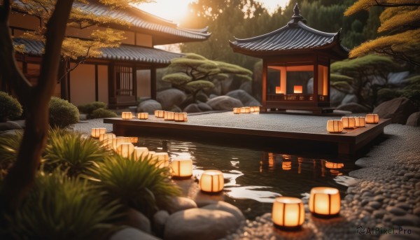 outdoors,water,blurry,tree,no humans,grass,plant,building,nature,scenery,reflection,lantern,rock,bush,architecture,bridge,east asian architecture,river,paper lantern,stone,pond,stone lantern,sky,night,fence,onsen,house