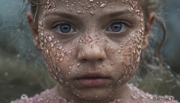 1girl,solo,looking at viewer,blue eyes,blonde hair,closed mouth,water,blurry,lips,grey eyes,eyelashes,depth of field,blurry background,portrait,close-up,bubble,underwater,realistic,freckles,nose,air bubble,submerged,pearl (gemstone)