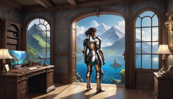 1girl,solo,long hair,brown hair,black hair,1boy,standing,ponytail,boots,sky,day,cloud,indoors,water,from behind,armor,blue sky,book,window,ocean,chair,curtains,shoulder armor,gauntlets,scenery,desk,pauldrons,breastplate,wooden floor,mountain,bookshelf,lamp,watercraft,ship,boat,painting (object),drawer,island,weapon,male focus,tree,wind,lantern,paper,fantasy,dragon,quill,inkwell