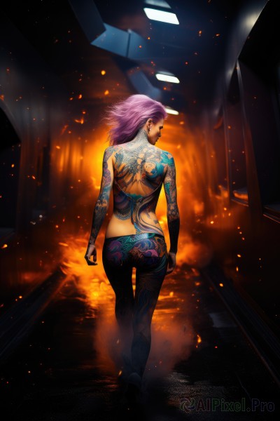 1girl,solo,short hair,jewelry,standing,full body,pink hair,purple hair,ass,nude,earrings,looking back,from behind,tattoo,back,thigh gap,piercing,fire,smoke,walking,butt crack,dimples of venus,embers,back tattoo,burning,full-body tattoo,breasts,looking at viewer,medium hair,lips,makeup,topless,clenched hand,nose,arms at sides,stud earrings,arm tattoo,facial tattoo,hair slicked back