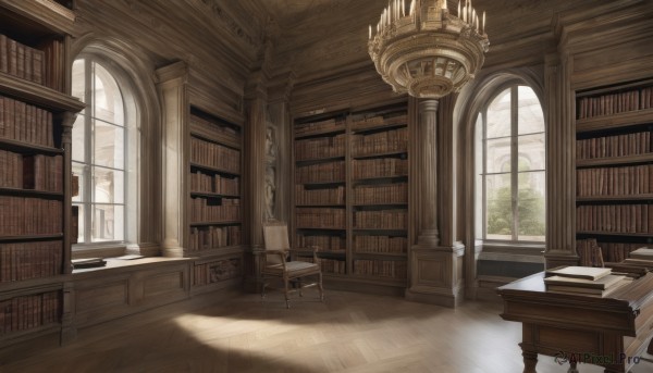 day,indoors,tree,book,no humans,window,chair,table,sunlight,scenery,light rays,wooden floor,bookshelf,book stack,library,pillar