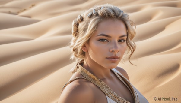 1girl,solo,looking at viewer,smile,short hair,blonde hair,bare shoulders,brown eyes,jewelry,upper body,earrings,parted lips,necklace,lips,portrait,freckles,realistic,nose,sand,desert,long hair,dress