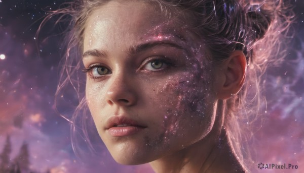 1girl,solo,looking at viewer,short hair,blonde hair,brown hair,brown eyes,green eyes,outdoors,parted lips,sky,artist name,blurry,lips,eyelashes,night,blurry background,watermark,moon,portrait,star (sky),night sky,close-up,starry sky,freckles,realistic,nose,grey eyes