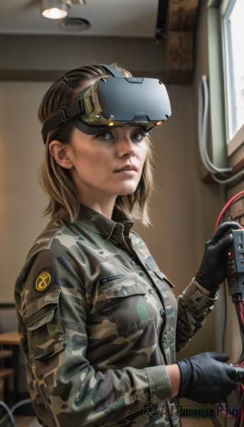 1girl,solo,looking at viewer,short hair,blue eyes,blonde hair,brown hair,gloves,long sleeves,holding,jacket,upper body,black gloves,indoors,medium hair,blurry,uniform,lips,grey eyes,military,military uniform,goggles,pocket,goggles on head,realistic,cable,camouflage,camouflage jacket,brown eyes,zipper,science fiction,nose,leather,dirty,leather jacket,head-mounted display,dirty face