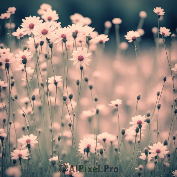 flower,outdoors,blurry,no humans,depth of field,blurry background,sunlight,grass,white flower,nature,scenery,light rays,field,still life,daisy,sky,day,plant,pink flower,flower field