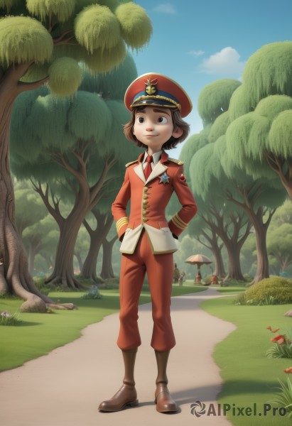 1girl,solo,smile,short hair,brown hair,shirt,long sleeves,hat,brown eyes,closed mouth,standing,jacket,full body,white shirt,flower,boots,outdoors,necktie,sky,day,collared shirt,pants,cloud,uniform,black eyes,tree,blue sky,military,military uniform,brown footwear,grass,red necktie,nature,peaked cap,red headwear,red jacket,forest,epaulettes,hands on hips,military hat,hands in pockets,brown pants,mushroom,red pants,soldier,path,multiple girls,solo focus,shadow,umbrella,road,military jacket