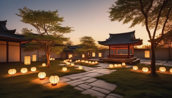 outdoors,sky,cloud,tree,no humans,night,grass,building,scenery,sunset,lantern,road,bush,architecture,house,east asian architecture,paper lantern,evening,gradient sky,path,shrine