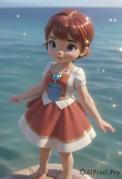 1girl,solo,looking at viewer,blush,smile,short hair,bangs,blue eyes,skirt,brown hair,shirt,hair ornament,dress,jewelry,closed mouth,standing,full body,ahoge,short sleeves,red hair,hairband,earrings,outdoors,sky,barefoot,day,puffy sleeves,water,necklace,star (symbol),blurry,lips,see-through,depth of field,blurry background,red skirt,ocean,beach,sandals,brooch,gem,child,freckles,star hair ornament,horizon,female child,bow,brown eyes,toes