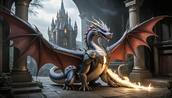 A dragon caught in a breathtaking fiery outdoors