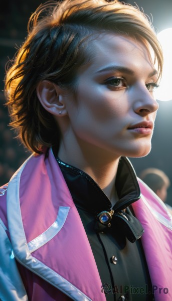 1girl,solo,looking at viewer,short hair,blonde hair,brown hair,shirt,jewelry,green eyes,jacket,upper body,earrings,parted lips,artist name,blurry,lips,looking to the side,black shirt,blurry background,brooch,portrait,freckles,realistic,nose,pink jacket,bow,brown eyes,closed mouth,collared shirt,signature,bowtie,vest,eyelashes,black bow,makeup,depth of field,backlighting,black bowtie,stud earrings,purple jacket