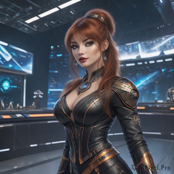 1girl,solo,long hair,breasts,looking at viewer,smile,bangs,blue eyes,large breasts,brown hair,long sleeves,cleavage,brown eyes,jewelry,ponytail,earrings,parted lips,indoors,necklace,armor,mole,lips,grey eyes,bodysuit,makeup,lipstick,science fiction,realistic,black bodysuit,red lips,eyeliner,standing,upper body,solo focus,artist name,blurry background,power armor