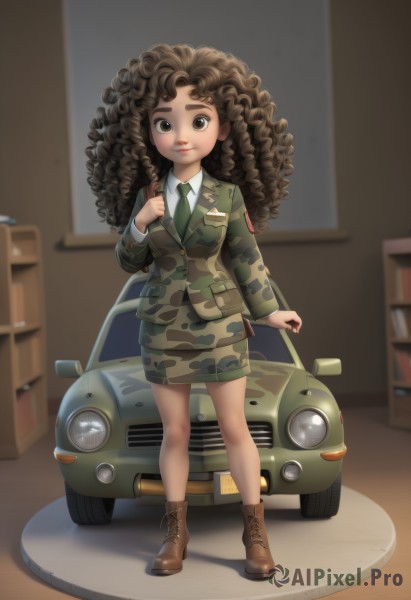 1girl,solo,long hair,breasts,looking at viewer,skirt,brown hair,shirt,long sleeves,brown eyes,medium breasts,standing,jacket,full body,white shirt,boots,necktie,collared shirt,indoors,dark skin,miniskirt,blurry,uniform,dark-skinned female,lips,military,military uniform,brown footwear,thick eyebrows,green skirt,ground vehicle,motor vehicle,cross-laced footwear,pencil skirt,curly hair,pocket,lace-up boots,car,camouflage,green necktie,camouflage jacket,smile,closed mouth,artist name,hand up,book,window,blurry background,shadow,black necktie,green jacket,bookshelf,ankle boots,vehicle focus