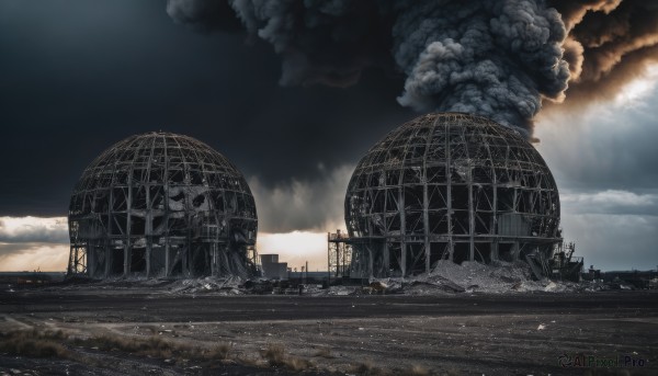 outdoors,sky,cloud,no humans,cloudy sky,building,scenery,smoke,city,cityscape,ruins,bridge,post-apocalypse,water,sunlight,sunset,light rays