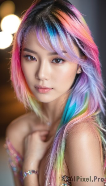 1girl,solo,long hair,breasts,looking at viewer,bangs,black hair,bare shoulders,brown eyes,jewelry,closed mouth,blue hair,upper body,pink hair,purple hair,nude,multicolored hair,earrings,parted lips,artist name,necklace,blurry,black eyes,bracelet,two-tone hair,lips,eyelashes,gradient hair,makeup,depth of field,blurry background,watermark,piercing,hand on own chest,web address,personification,freckles,pink lips,realistic,nose,rainbow hair,nail polish,ring,bokeh