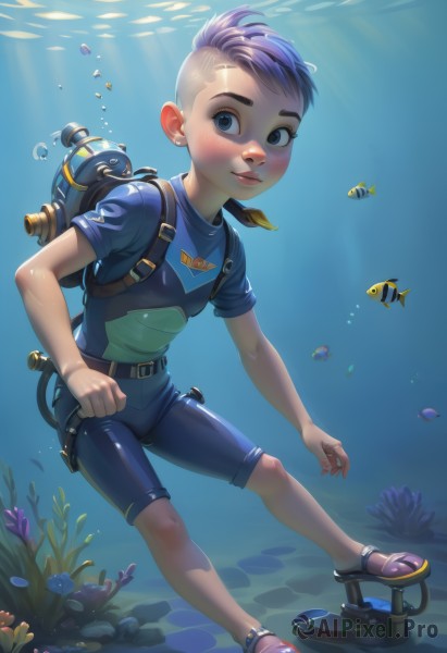 1girl,solo,blush,short hair,blue eyes,shirt,1boy,full body,purple hair,short sleeves,male focus,shorts,belt,water,bag,lips,bodysuit,sandals,sunlight,backpack,blue shirt,child,fish,bubble,underwater,air bubble,male child,very short hair,coral,smile,bandaid,freckles