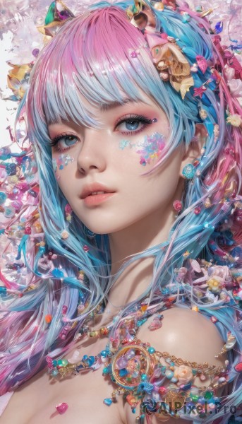 1girl,solo,long hair,breasts,looking at viewer,bangs,blue eyes,hair ornament,cleavage,bare shoulders,jewelry,medium breasts,blue hair,upper body,pink hair,flower,multicolored hair,earrings,parted lips,teeth,necklace,from side,two-tone hair,lips,eyelashes,aqua hair,gradient hair,makeup,facial mark,lipstick,gem,portrait,armlet,eyeshadow,crystal,pink lips,realistic,nose,colorful,mascara,hair flower,star (symbol),petals,shell hair ornament