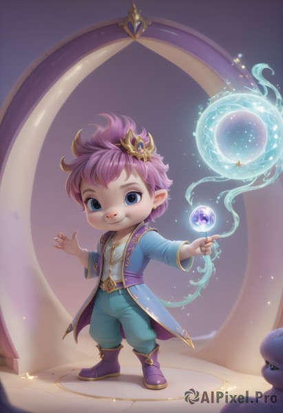 1girl,solo,looking at viewer,smile,short hair,blue eyes,shirt,long sleeves,1boy,holding,jewelry,closed mouth,standing,full body,white shirt,pink hair,purple hair,male focus,earrings,boots,open clothes,horns,pointy ears,belt,pants,artist name,star (symbol),coat,watermark,stuffed toy,stuffed animal,crown,gem,teddy bear,open coat,robe,wand,magic,orb,blue coat,yordle,hair ornament,staff,furry