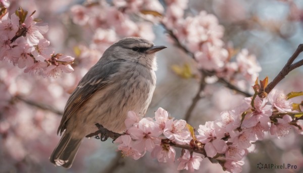 flower, outdoors, blurry, no humans, depth of field, blurry background, bird, animal, cherry blossoms, realistic, branch, animal focus, owl, sparrow