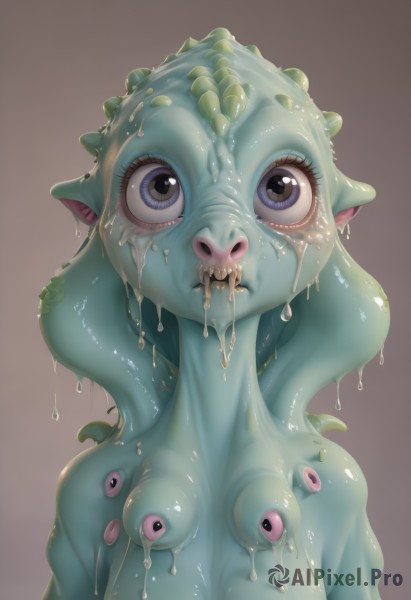 1girl,solo,breasts,looking at viewer,blue eyes,simple background,upper body,small breasts,teeth,wet,colored skin,monster girl,tentacles,brown background,monster,tentacle hair,blue skin,green skin,dripping,extra eyes,slime (substance),slime girl,eye focus,long hair,purple eyes,nude,green hair,pointy ears,shiny,lips,eyelashes,looking up,close-up,alien