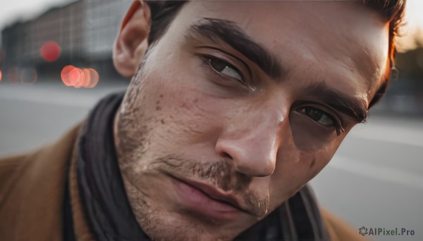 solo,looking at viewer,short hair,brown hair,black hair,1boy,brown eyes,closed mouth,male focus,blurry,black eyes,lips,looking to the side,blurry background,facial hair,thick eyebrows,ground vehicle,portrait,motor vehicle,beard,close-up,brown jacket,realistic,mustache,stubble,car,artist name