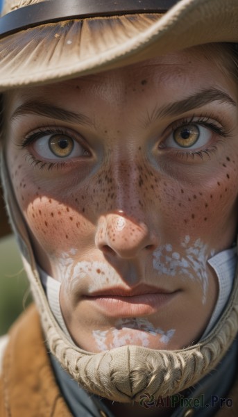 1girl,solo,looking at viewer,brown hair,1boy,hat,brown eyes,closed mouth,male focus,blurry,lips,blurry background,portrait,close-up,freckles,realistic,nose,straw hat,dirty,dirty face,helmet,spacesuit,astronaut