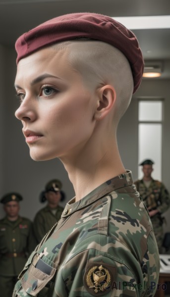 1girl,short hair,blue eyes,hat,jewelry,upper body,earrings,multiple boys,solo focus,indoors,blurry,uniform,from side,lips,military,military uniform,blurry background,beret,red headwear,military hat,realistic,nose,very short hair,camouflage,badge,soldier,camouflage jacket,shirt,weapon,signature,stud earrings,garrison cap