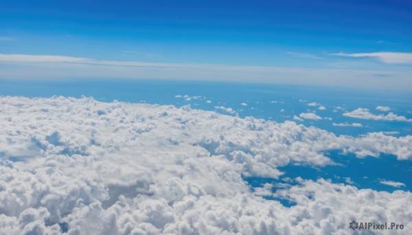 monochrome,outdoors,sky,day,cloud,blue sky,no humans,bird,ocean,cloudy sky,scenery,blue theme,city,horizon,cityscape,landscape,above clouds